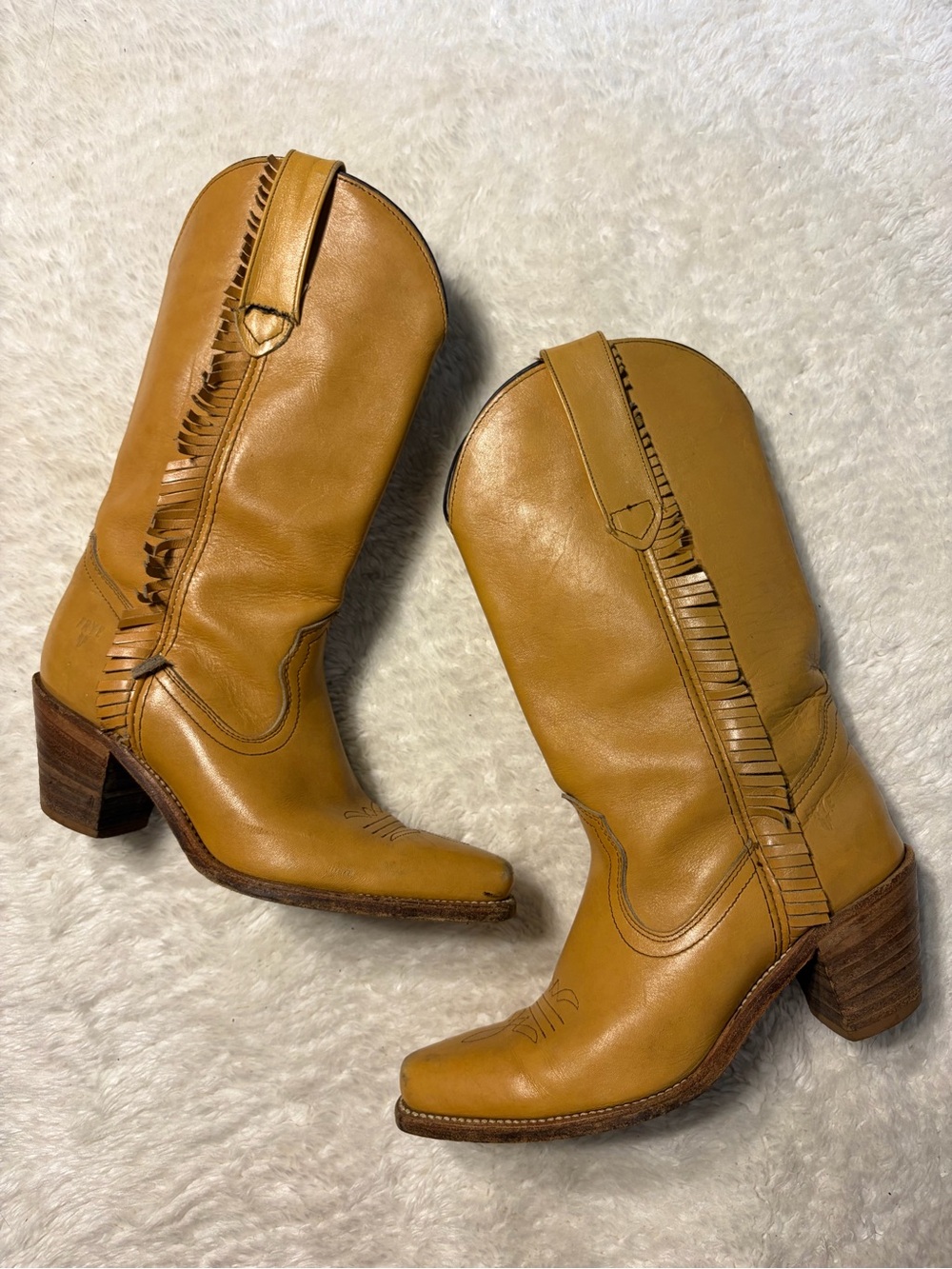 Frye fringe mustard banana mid calf snip toe stack heel western cowboy boots